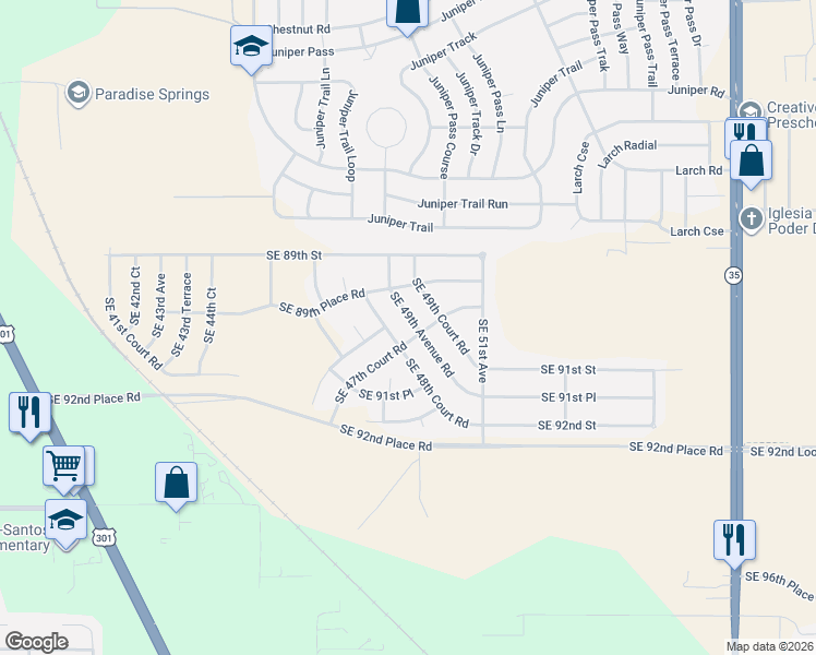 map of restaurants, bars, coffee shops, grocery stores, and more near 9029 Southeast 49th Avenue Road in Ocala