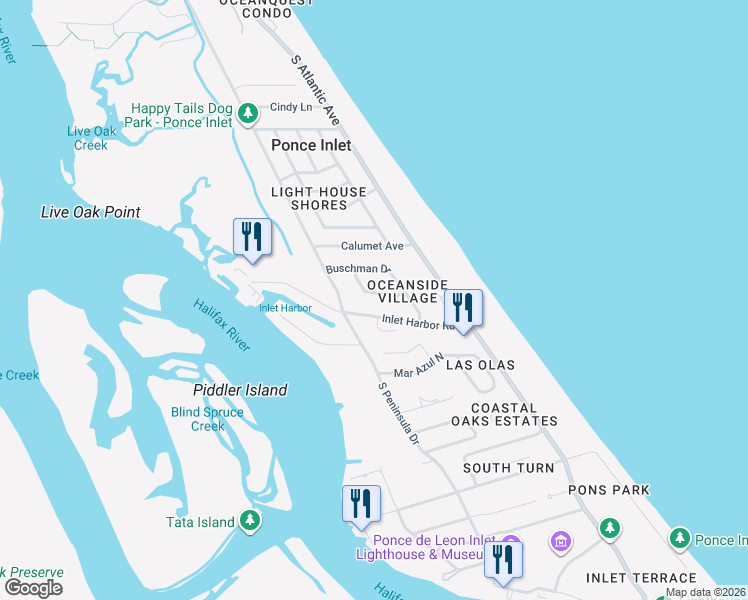 map of restaurants, bars, coffee shops, grocery stores, and more near 4795 Michael Lane in Ponce Inlet