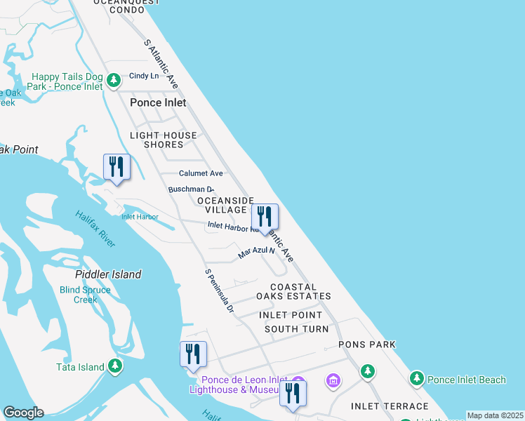 map of restaurants, bars, coffee shops, grocery stores, and more near 4787 South Atlantic Avenue in Ponce Inlet