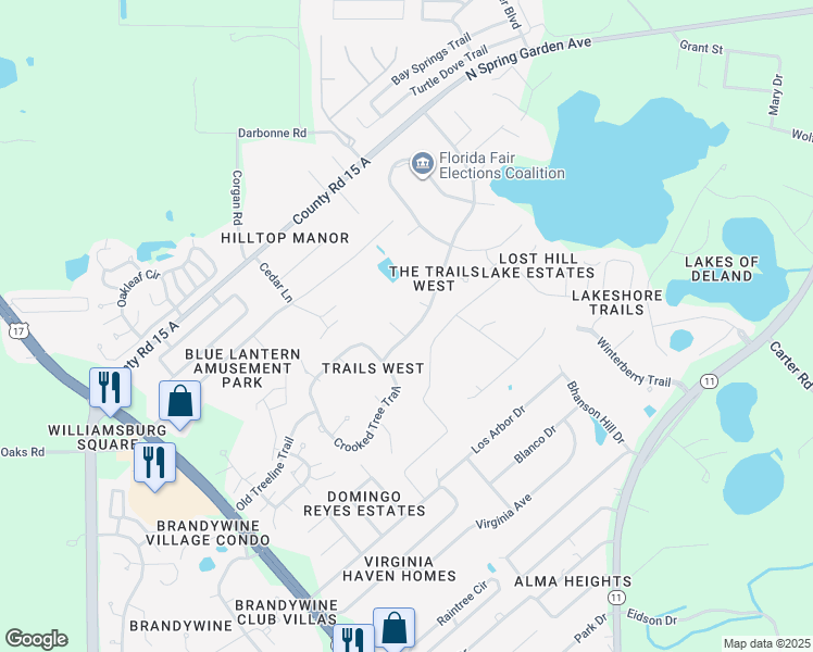 map of restaurants, bars, coffee shops, grocery stores, and more near 3319 Longhorn Trail in DeLand