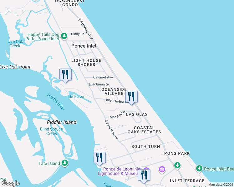 map of restaurants, bars, coffee shops, grocery stores, and more near 64 Buschman Drive in Ponce Inlet