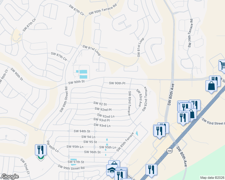 map of restaurants, bars, coffee shops, grocery stores, and more near 8547 Southwest 90th Lane in Ocala