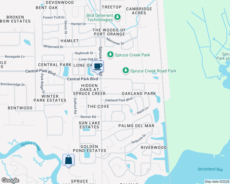 map of restaurants, bars, coffee shops, grocery stores, and more near 6021 Spruce Creek Road in Port Orange