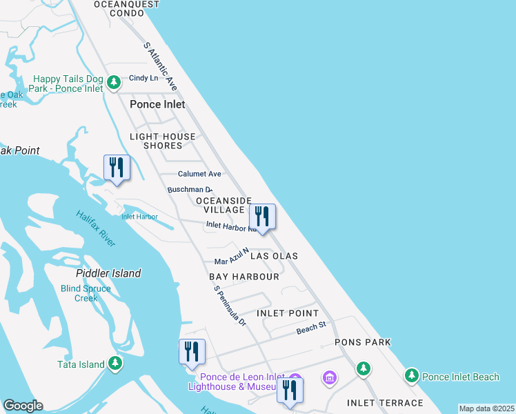 map of restaurants, bars, coffee shops, grocery stores, and more near 4791 South Atlantic Avenue in Port Orange