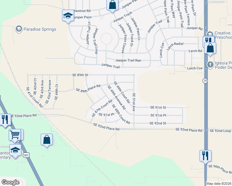 map of restaurants, bars, coffee shops, grocery stores, and more near 9029 Southeast 49th Avenue Road in Ocala