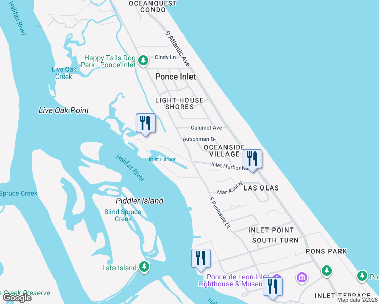 map of restaurants, bars, coffee shops, grocery stores, and more near 4791 South Peninsula Drive in Ponce Inlet
