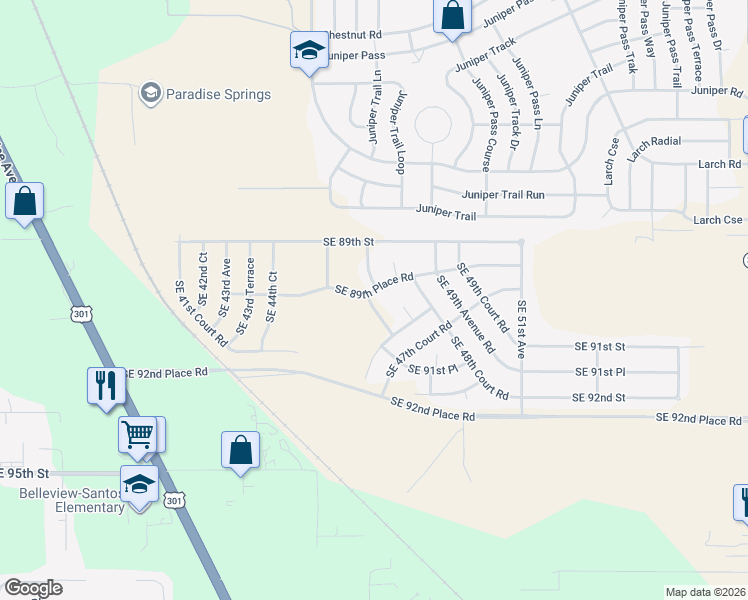map of restaurants, bars, coffee shops, grocery stores, and more near Southeast 89th Place Road in Ocala
