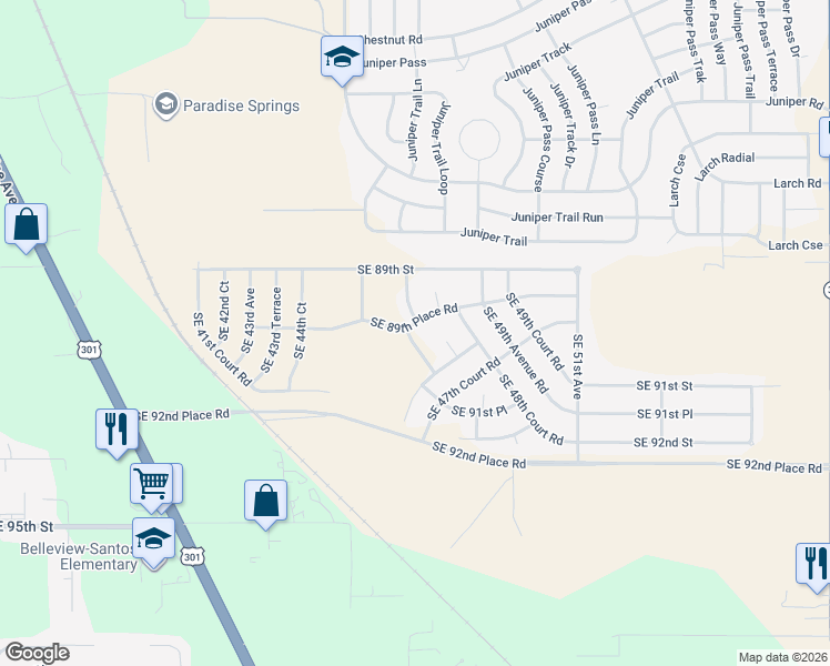 map of restaurants, bars, coffee shops, grocery stores, and more near Southeast 89th Place Road in Ocala