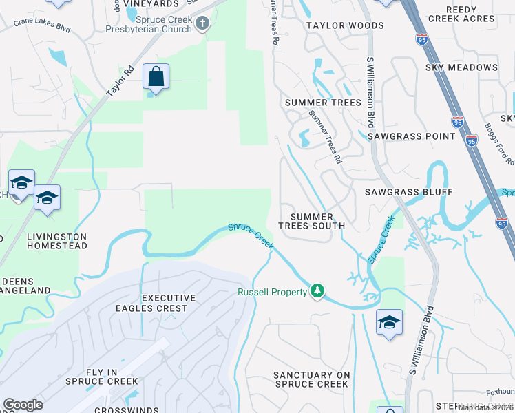 map of restaurants, bars, coffee shops, grocery stores, and more near 6039 Spruce Point Circle in Port Orange