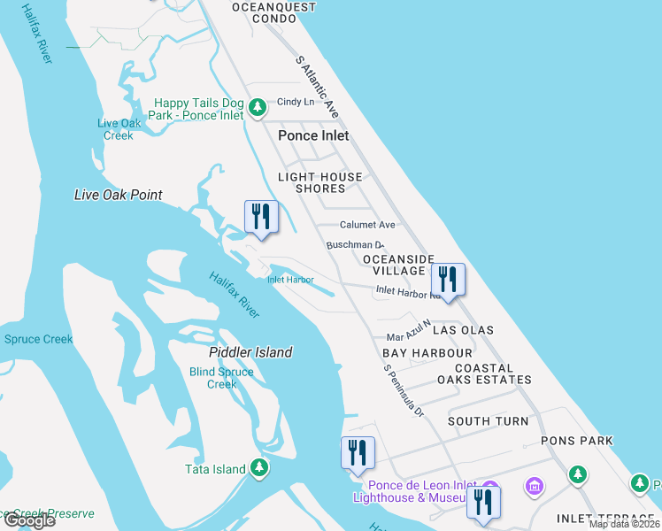 map of restaurants, bars, coffee shops, grocery stores, and more near 4791 South Peninsula Drive in Ponce Inlet