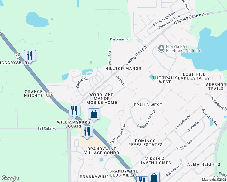 map of restaurants, bars, coffee shops, grocery stores, and more near 4159 Woodland Circle in DeLand