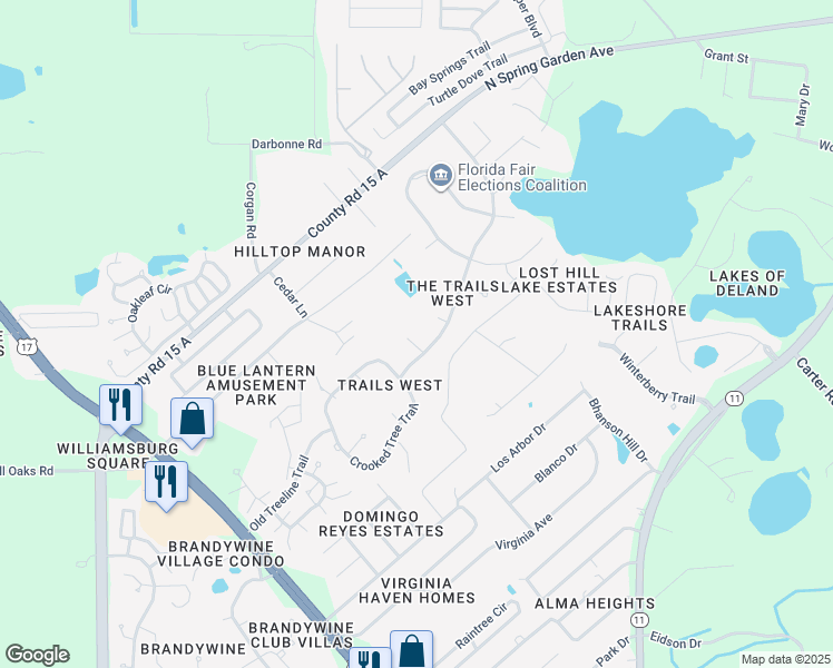 map of restaurants, bars, coffee shops, grocery stores, and more near 3319 Longhorn Trail in DeLand