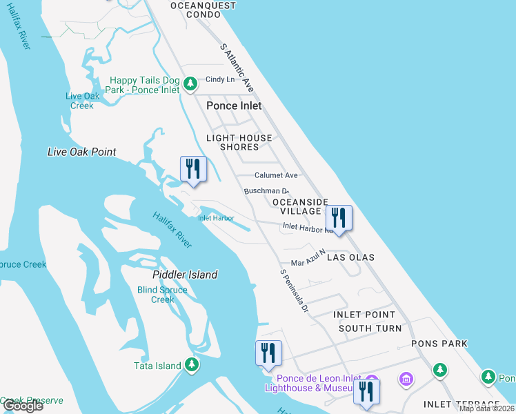 map of restaurants, bars, coffee shops, grocery stores, and more near 4791 South Peninsula Drive in Ponce Inlet