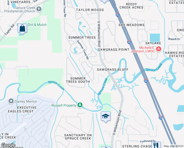 map of restaurants, bars, coffee shops, grocery stores, and more near 6036 Hickory Grove Ln in Port Orange