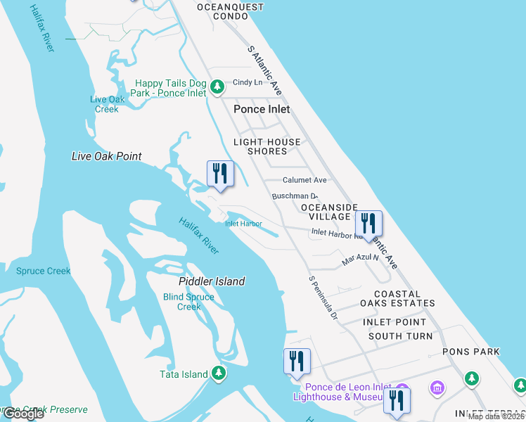 map of restaurants, bars, coffee shops, grocery stores, and more near 4784 South Peninsula Drive in Ponce Inlet