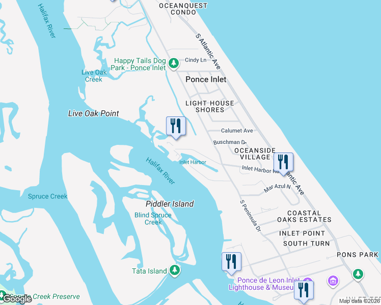 map of restaurants, bars, coffee shops, grocery stores, and more near 123 Inlet Harbor Road in Ponce Inlet