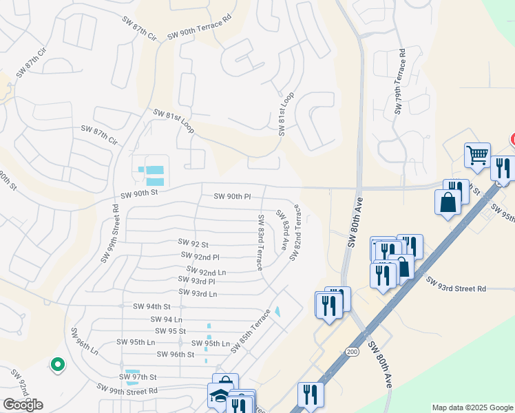 map of restaurants, bars, coffee shops, grocery stores, and more near 8431 Southwest 90th Lane in Ocala
