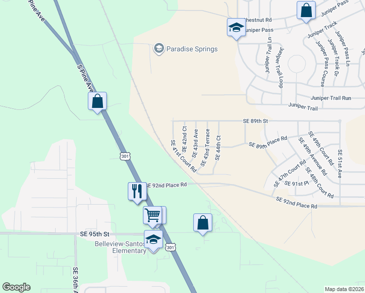 map of restaurants, bars, coffee shops, grocery stores, and more near 9034 Southeast 42nd Court in Ocala