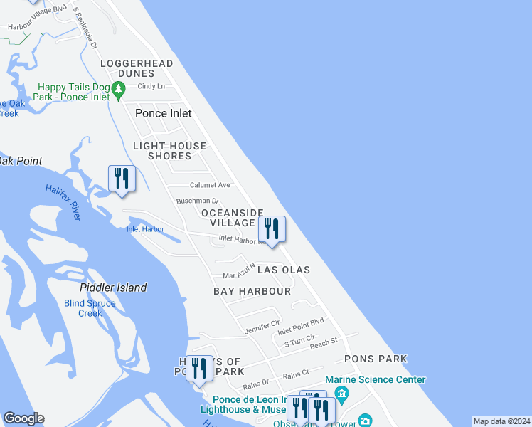 map of restaurants, bars, coffee shops, grocery stores, and more near 4787 South Atlantic Avenue in Ponce Inlet