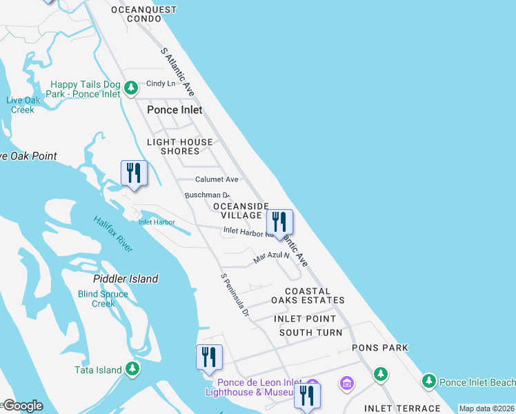 map of restaurants, bars, coffee shops, grocery stores, and more near 64 Buschman Drive in Ponce Inlet