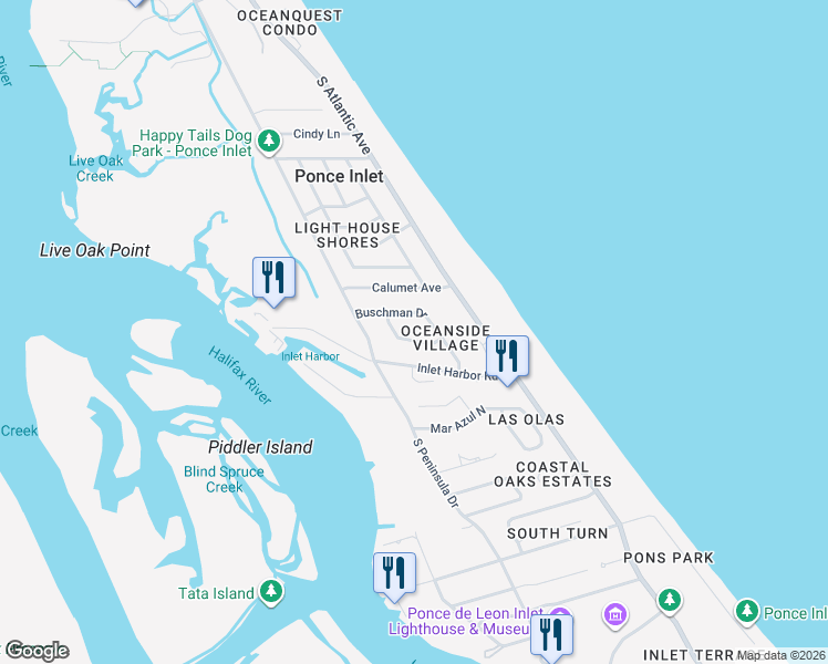 map of restaurants, bars, coffee shops, grocery stores, and more near 4795 Michael Ln in Ponce Inlet