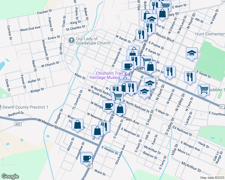 map of restaurants, bars, coffee shops, grocery stores, and more near 111 Terrell Street in Cuero