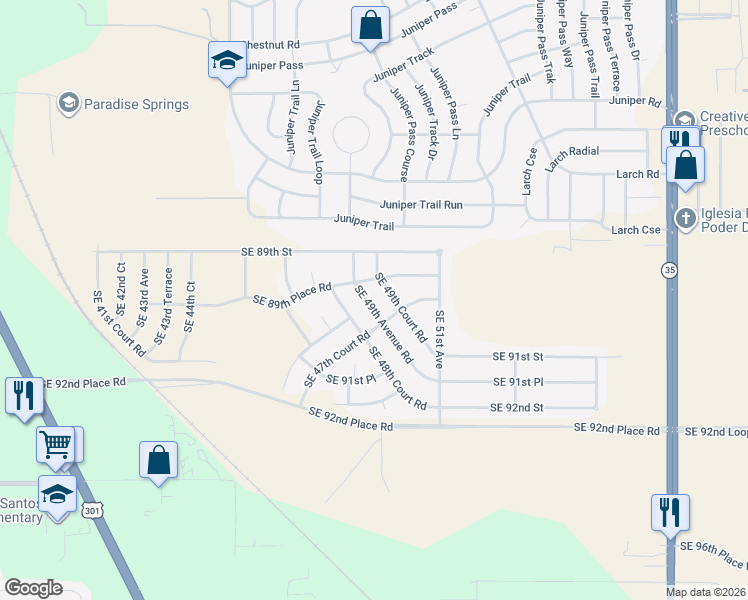 map of restaurants, bars, coffee shops, grocery stores, and more near 9029 Southeast 49th Avenue Road in Ocala