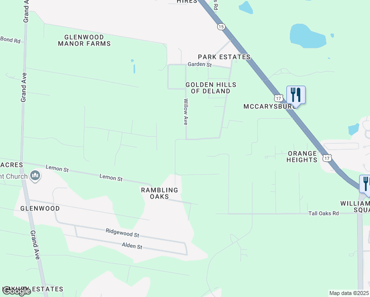 map of restaurants, bars, coffee shops, grocery stores, and more near 3603 Coral Avenue in DeLand