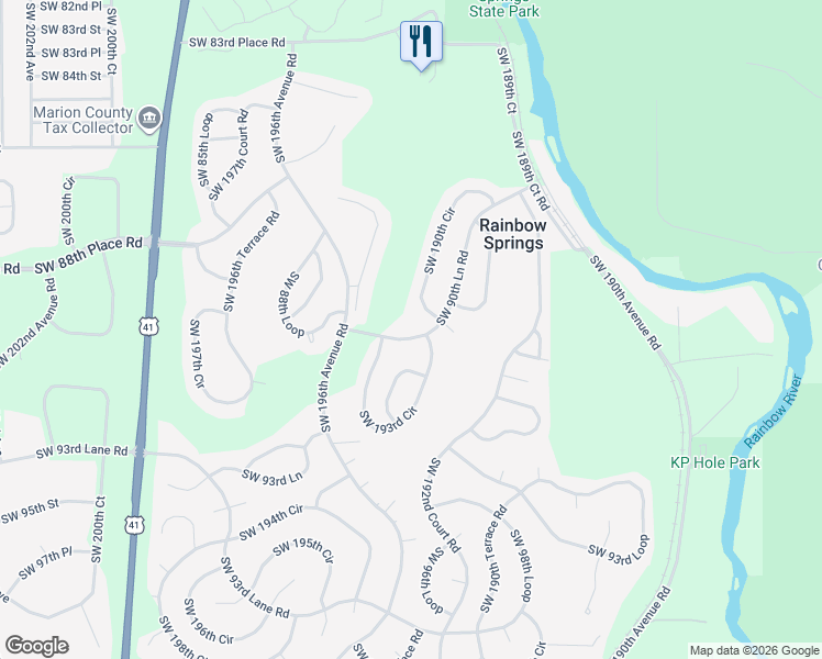 map of restaurants, bars, coffee shops, grocery stores, and more near 19349 Southwest 90th Lane Road in Dunnellon