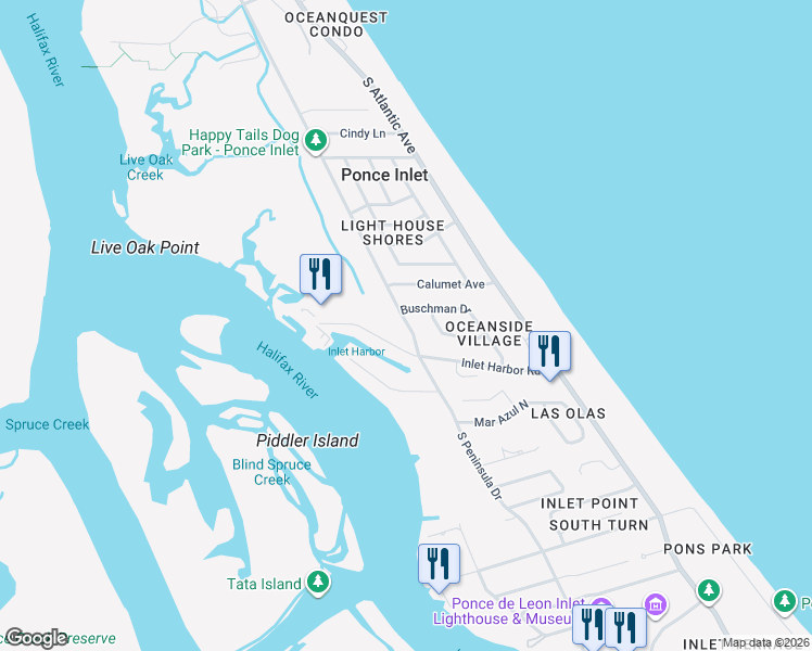 map of restaurants, bars, coffee shops, grocery stores, and more near 4791 South Peninsula Drive in Ponce Inlet