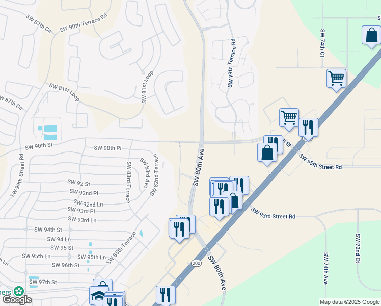 map of restaurants, bars, coffee shops, grocery stores, and more near 9070 Southwest 80th Avenue in Ocala