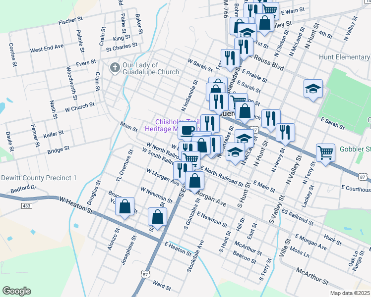 map of restaurants, bars, coffee shops, grocery stores, and more near 111 Terrell Street in Cuero