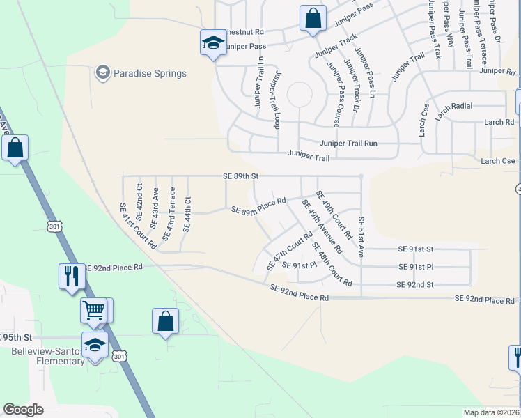 map of restaurants, bars, coffee shops, grocery stores, and more near Southeast 89th Place Road in Marion County