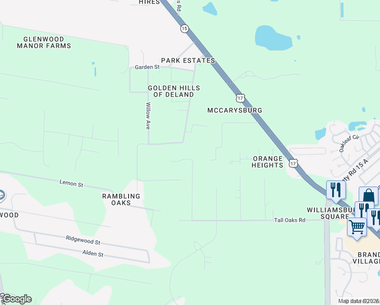 map of restaurants, bars, coffee shops, grocery stores, and more near 3445 Timberlane Drive in DeLand