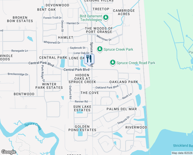 map of restaurants, bars, coffee shops, grocery stores, and more near 6021 Spruce Creek Road in Port Orange