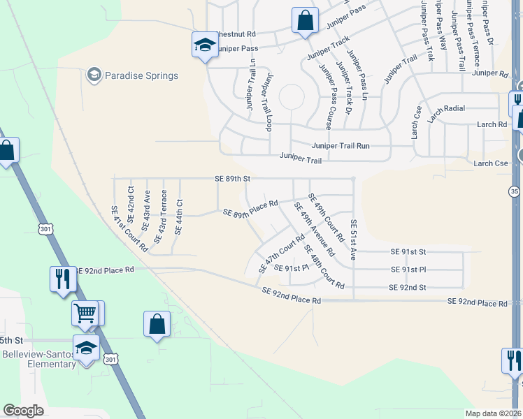 map of restaurants, bars, coffee shops, grocery stores, and more near Southeast 89th Place Road in Ocala