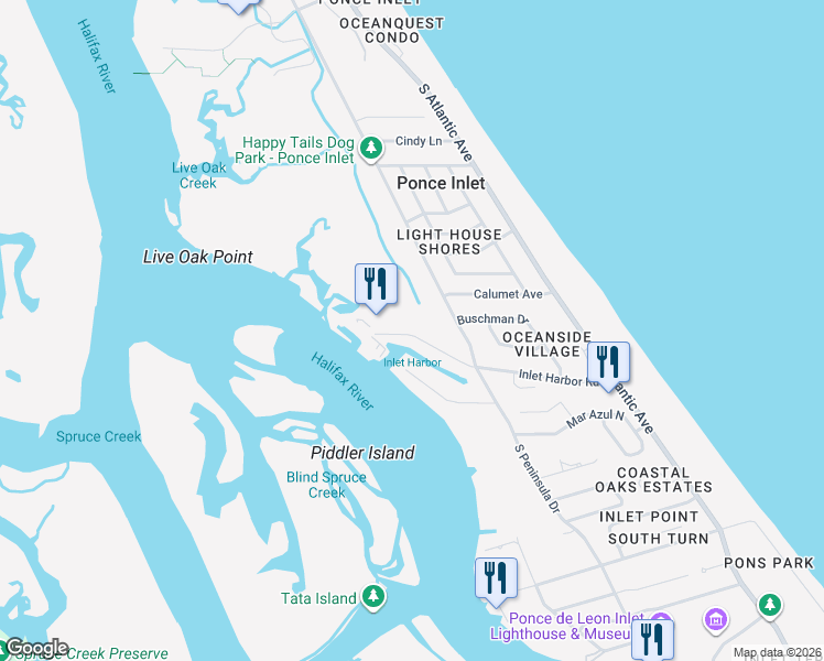 map of restaurants, bars, coffee shops, grocery stores, and more near 123 Inlet Harbor Road in Ponce Inlet