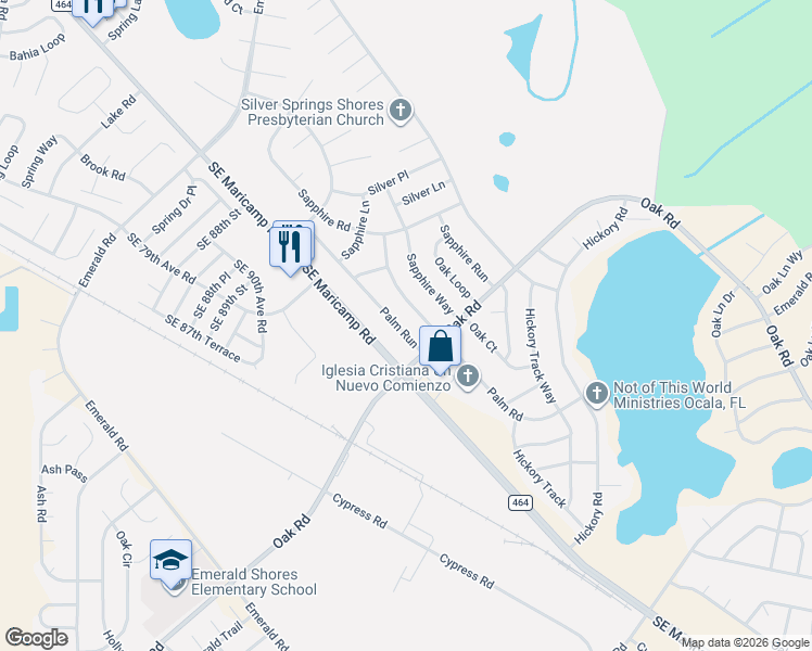 map of restaurants, bars, coffee shops, grocery stores, and more near 34 Palm Run in Ocala