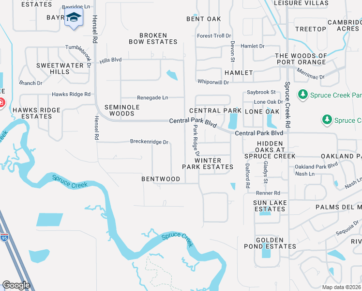 map of restaurants, bars, coffee shops, grocery stores, and more near 693 Breckenridge Drive in Port Orange