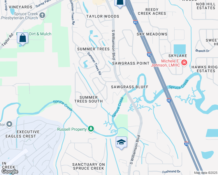 map of restaurants, bars, coffee shops, grocery stores, and more near 6036 Hickory Grove Lane in Port Orange