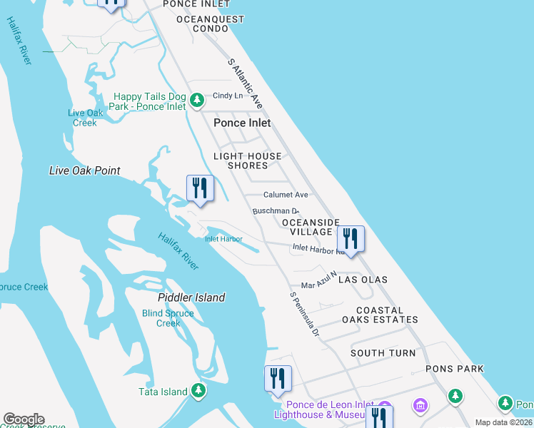 map of restaurants, bars, coffee shops, grocery stores, and more near 4791 South Peninsula Drive in Ponce Inlet
