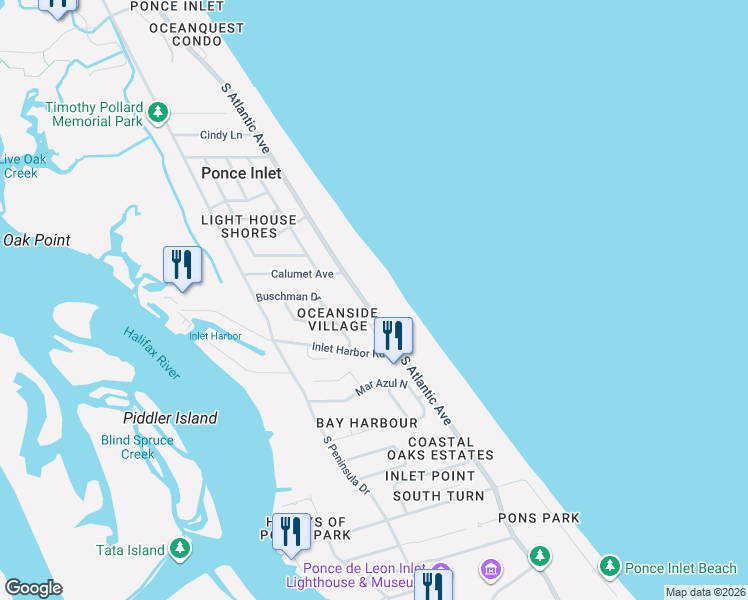 map of restaurants, bars, coffee shops, grocery stores, and more near 4783 South Atlantic Avenue in Port Orange