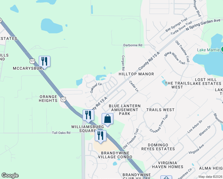 map of restaurants, bars, coffee shops, grocery stores, and more near 4185 Woodland Circle in DeLand