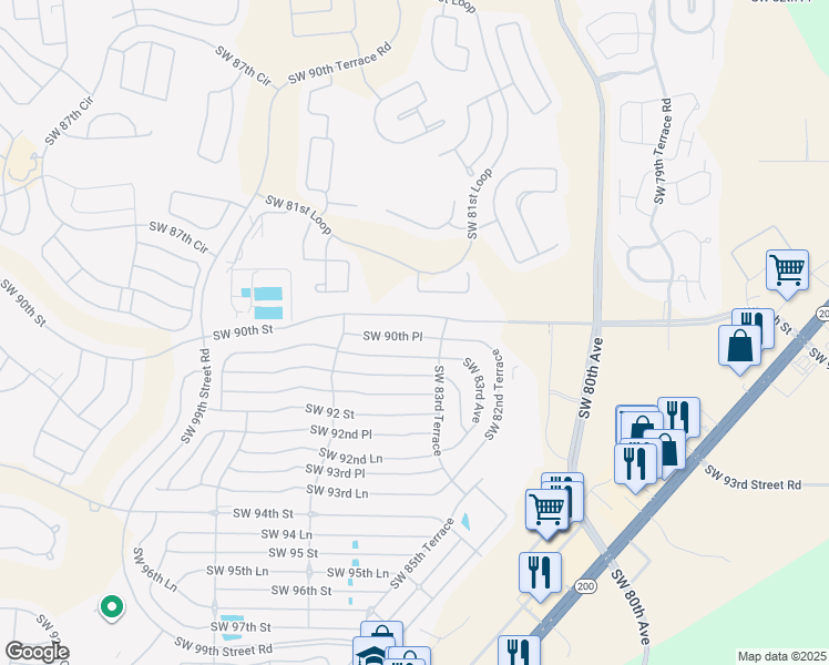 map of restaurants, bars, coffee shops, grocery stores, and more near 8431 Southwest 90th Lane in Ocala