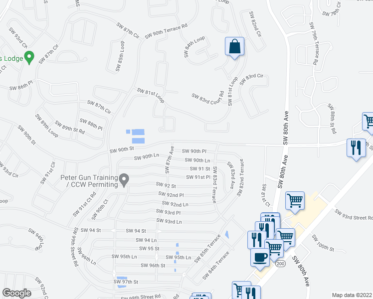 map of restaurants, bars, coffee shops, grocery stores, and more near 8547 Southwest 90th Lane in Ocala