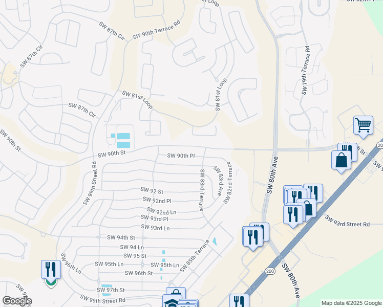 map of restaurants, bars, coffee shops, grocery stores, and more near 8431 Southwest 90th Lane in Ocala