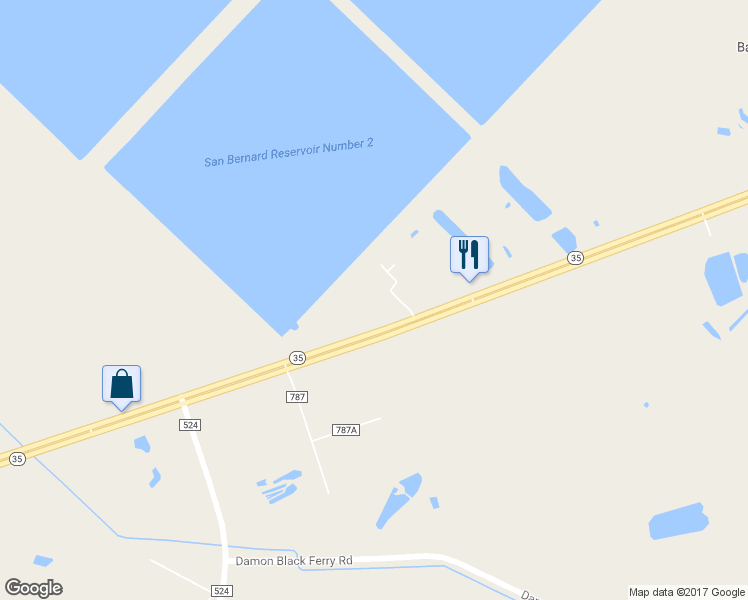 map of restaurants, bars, coffee shops, grocery stores, and more near 20146 Texas 35 in Sweeny