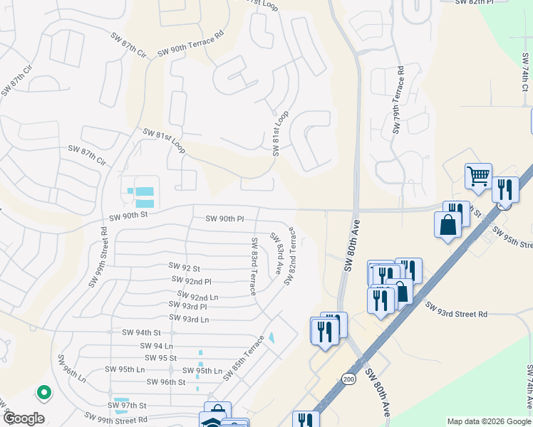 map of restaurants, bars, coffee shops, grocery stores, and more near 8362 Southwest 90th Street in Ocala