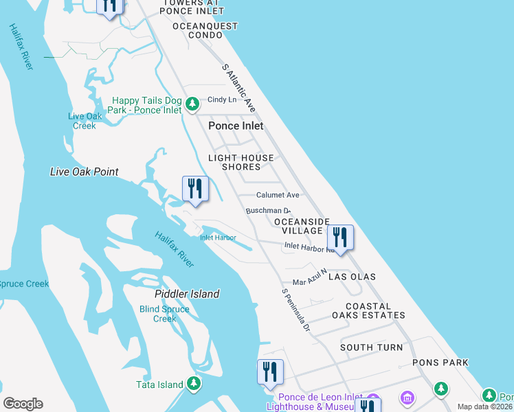 map of restaurants, bars, coffee shops, grocery stores, and more near 75 Calumet Avenue in Ponce Inlet