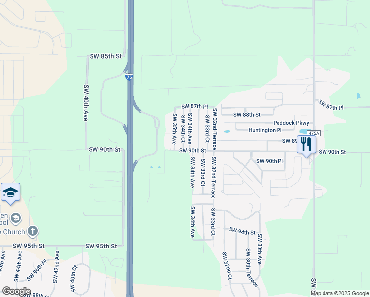 map of restaurants, bars, coffee shops, grocery stores, and more near 8975 Southwest 34th Court in Ocala